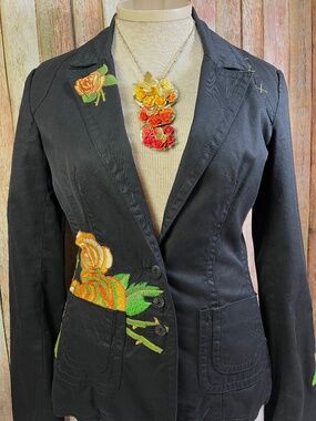 Johnny Was “Angel Wings” Embroidered Black Jacket Blazer With Orange Roses